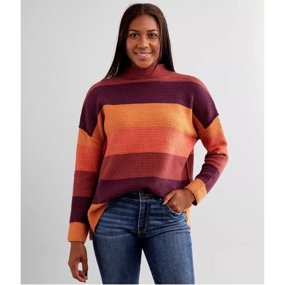 BKE Womens Striped Pullover Sweater Mock Neck Long Sleeve Zipper Back Size Large - Picture 1 of 10